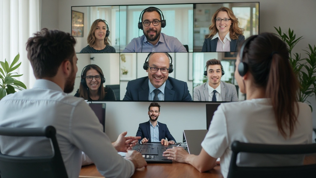 Team van professionals in videoconferentie, zichtbaar op schermen met koptelefoons