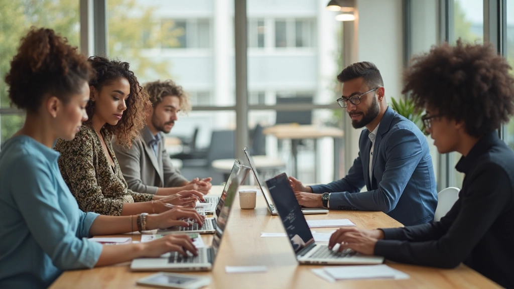 Teamleden werken samen aan laptops rond een tafel in een modern kantoor met grote ramen