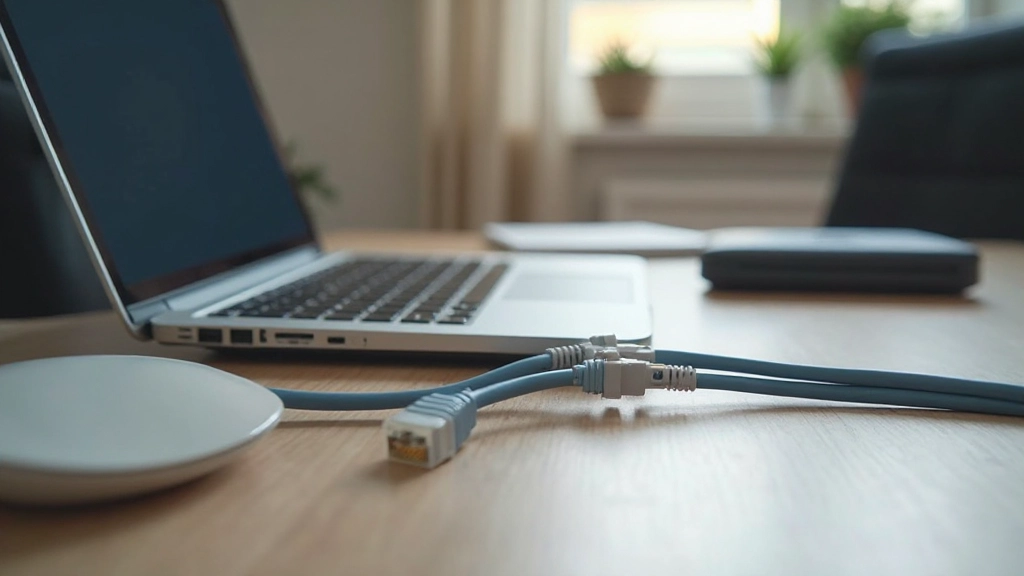 Ethernet-kabel in laptoppoort met routers en netwerkapparatuur in home office