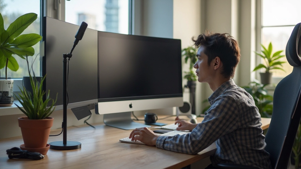 Moderne home office met twee schermen en professionele microfoon setup