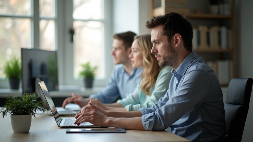 Team van vier personen in videoconferentie op laptopscherm met gedeelde projectboard zichtbaar