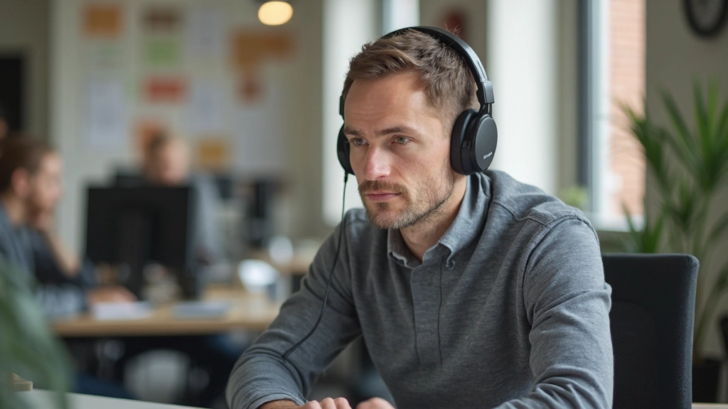 Persoon met koptelefoon zit aan bureau en werkt aan documenten