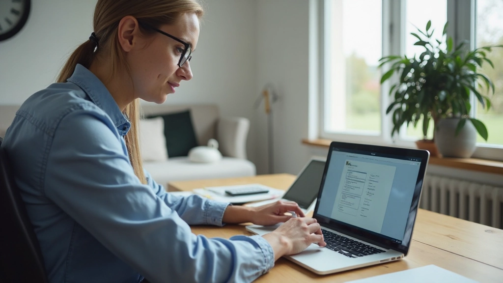 Persoon thuis aan bureau met laptop, concentrerend op documentwerk