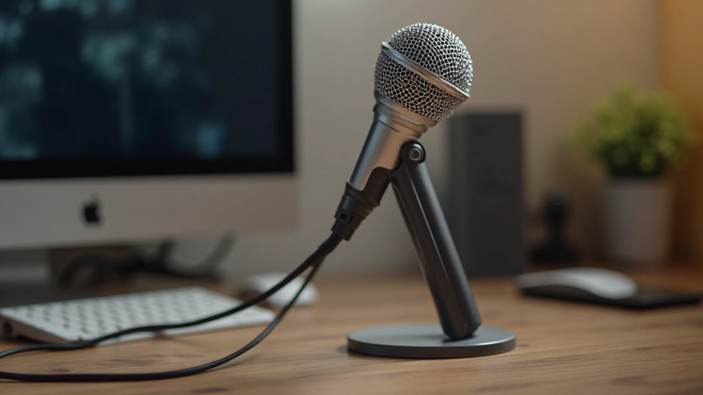 Close-up van professionele USB-microfoon op houten bureau met monitor op achtergrond