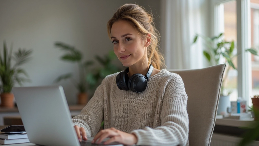 Vrouw werkt aan laptop thuis met twee koptelefoons om nek, geconcentreerd op scherm